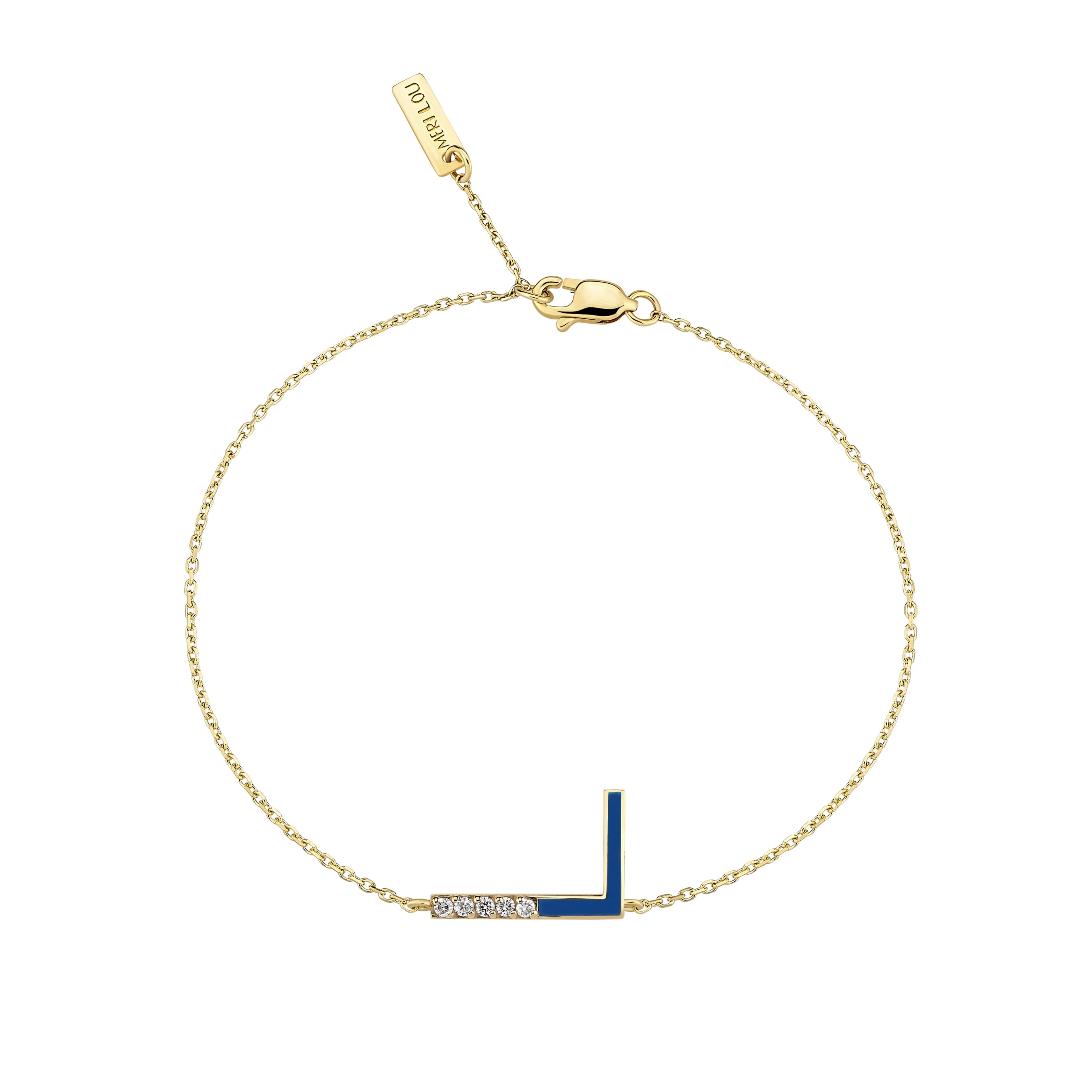 Diamond Initial Chain Bracelet With Navy Blue Enamel