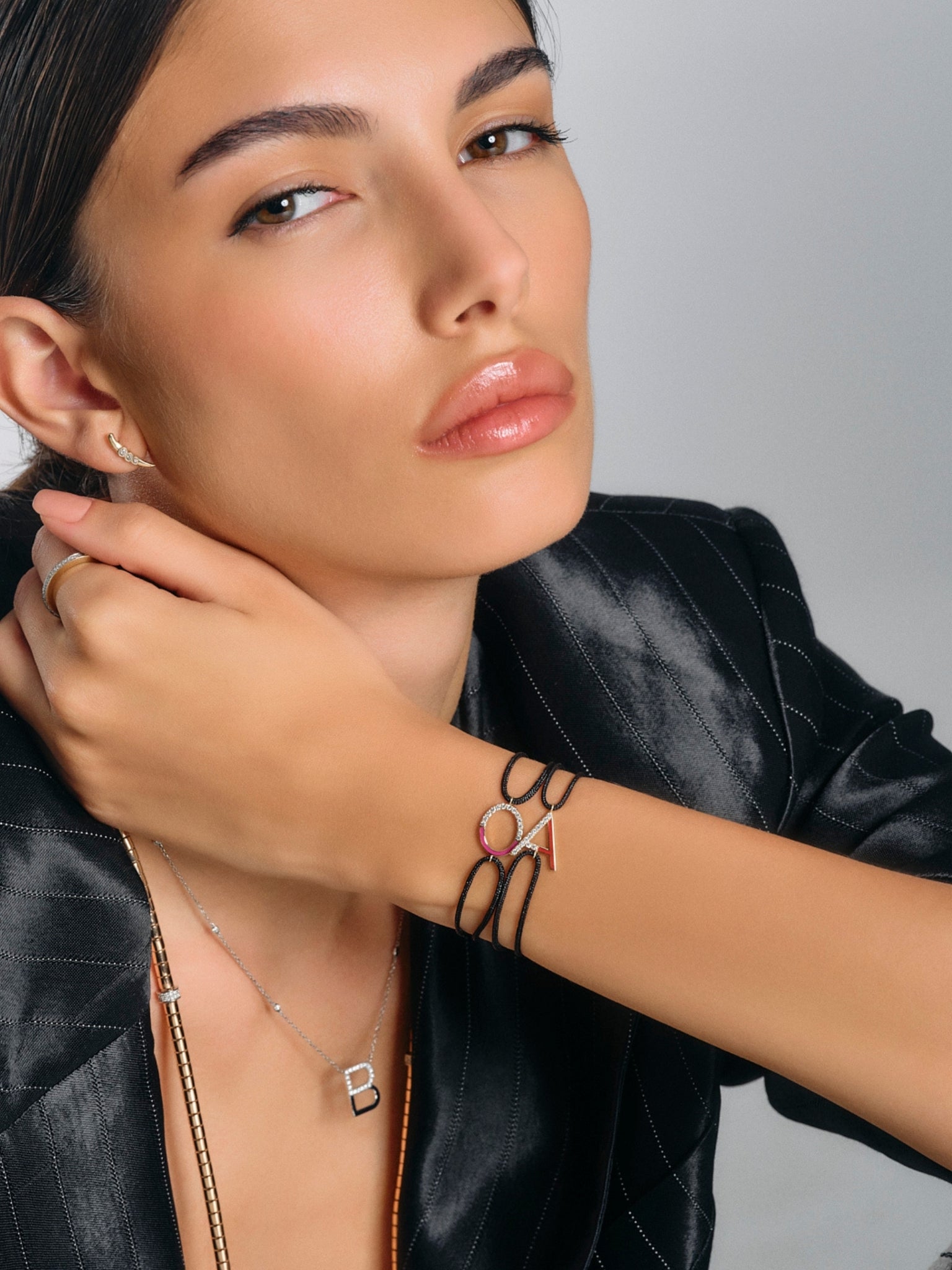 Diamond Initial Cord Bracelet With Fuchsia Enamel