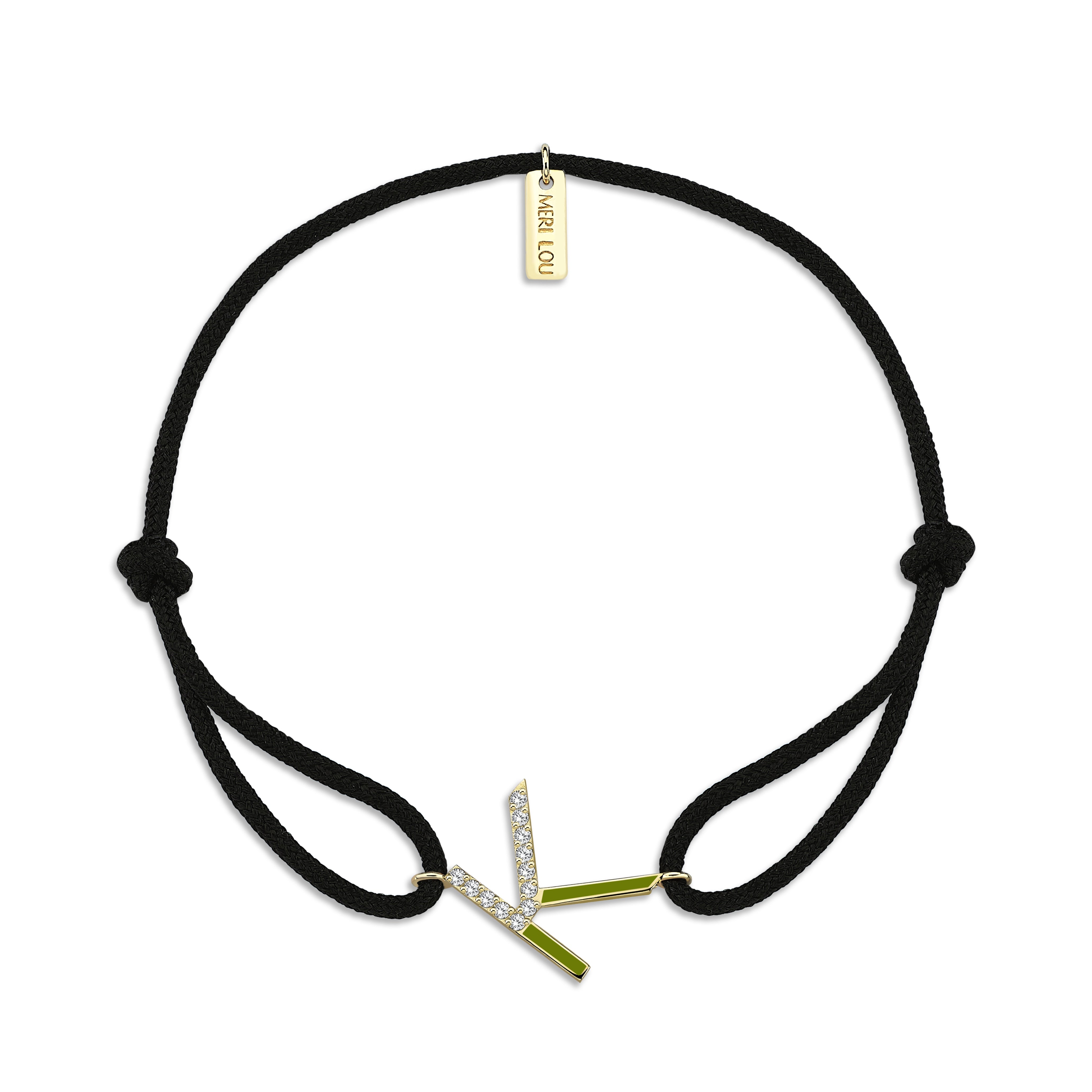 Diamond Initial Cord Bracelet With Green Enamel