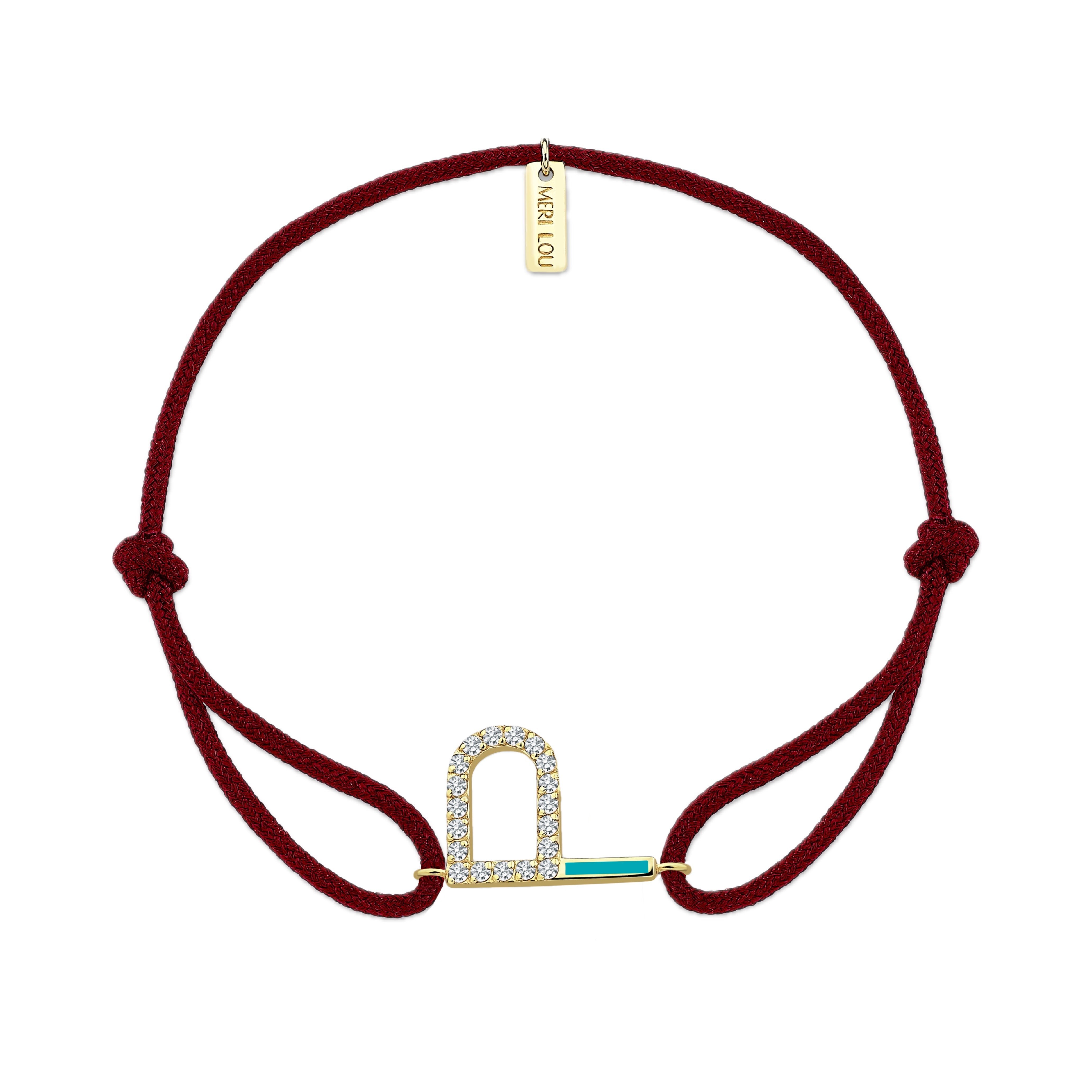 Diamond Initial Cord Bracelet With Turquois Enamel