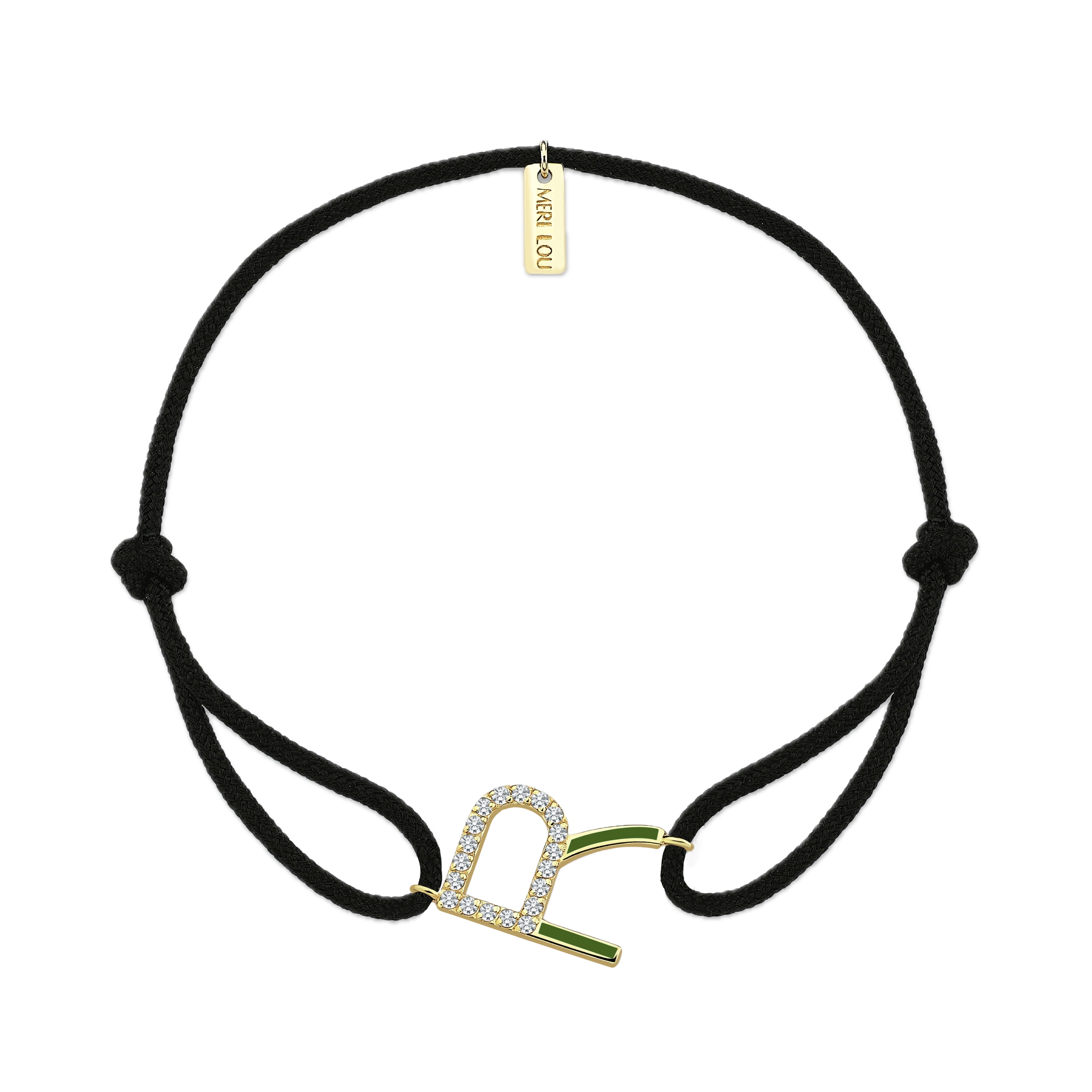 Diamond Initial Cord Bracelet With Green Enamel