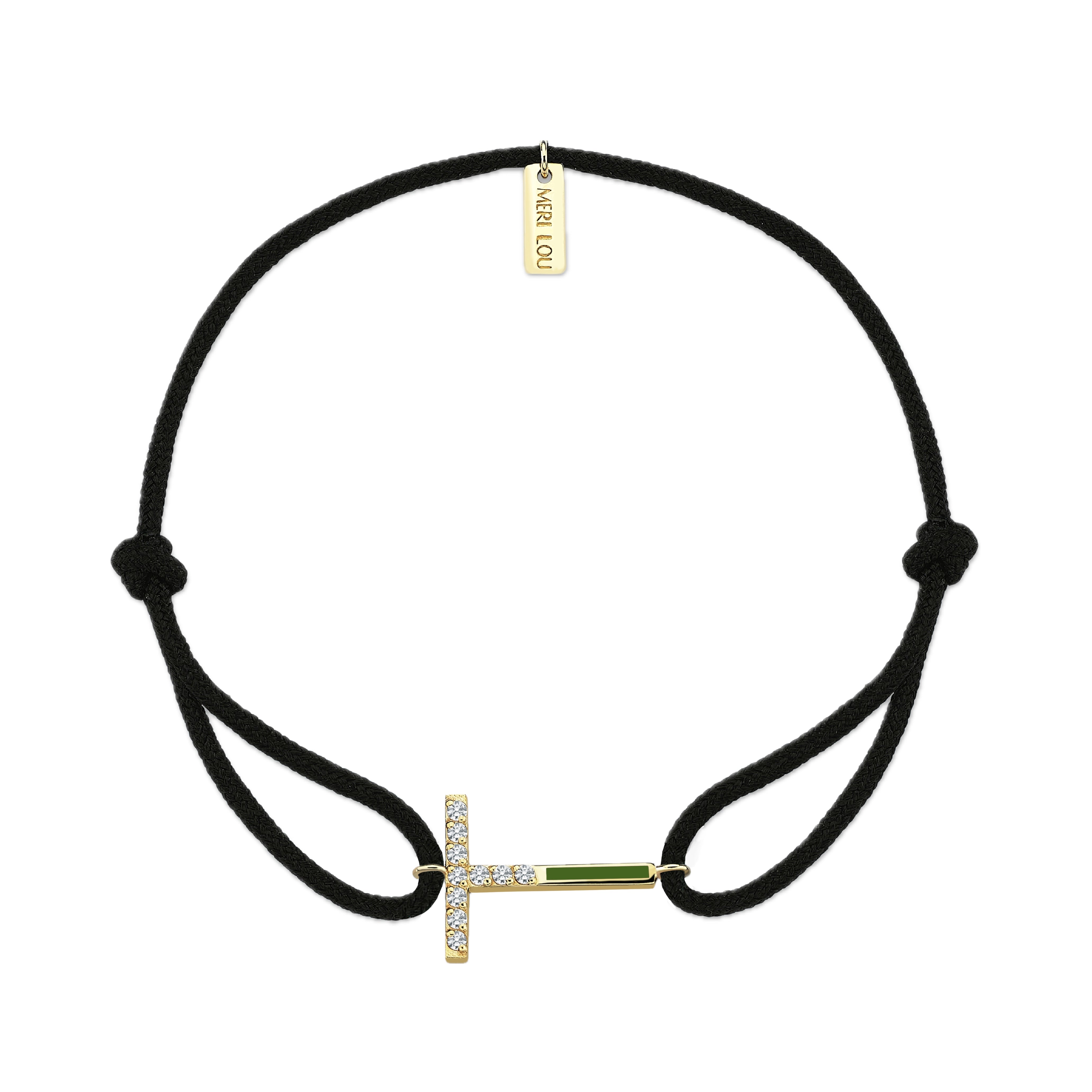 Diamond Initial Cord Bracelet With Green Enamel
