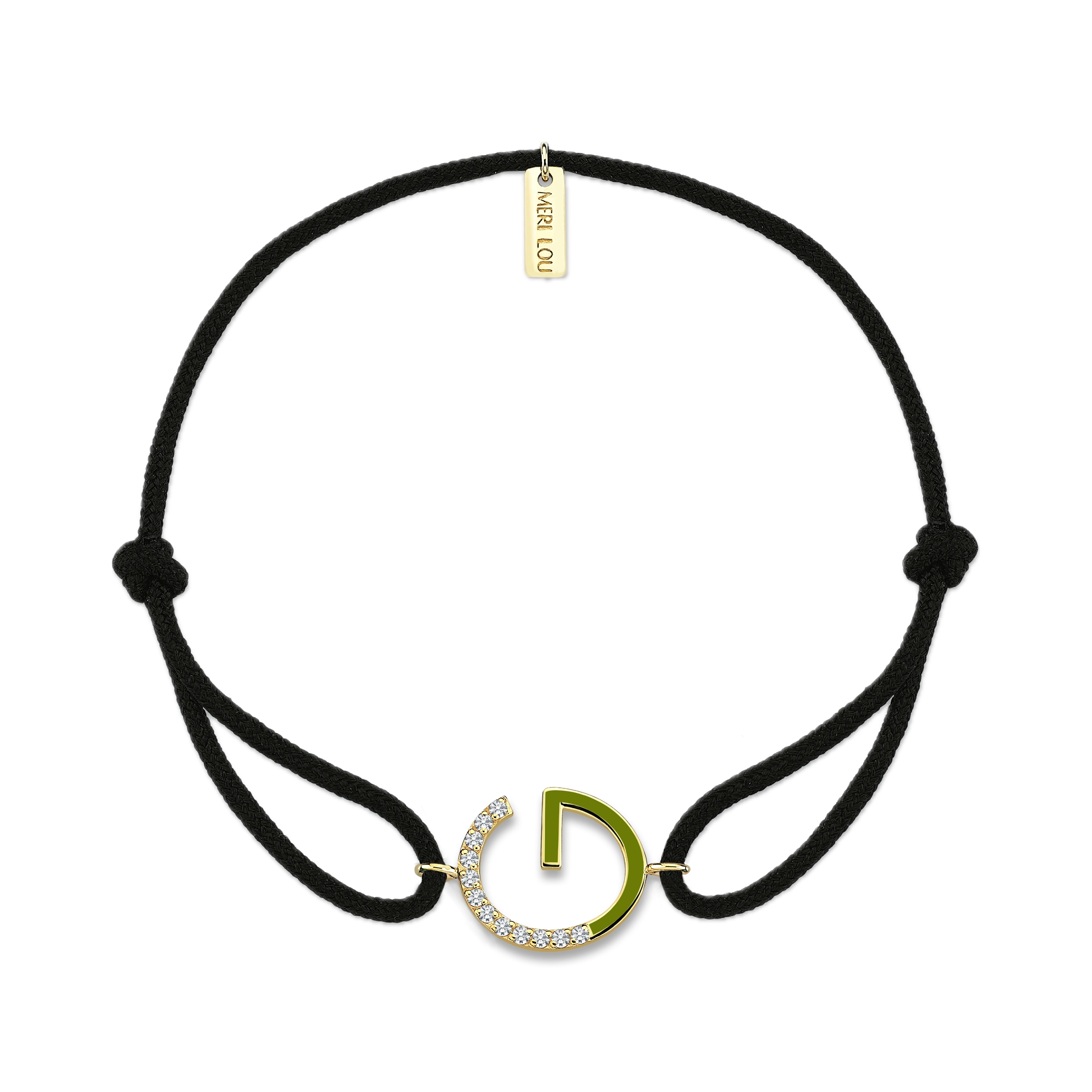 Diamond Initial Cord Bracelet With Green Enamel