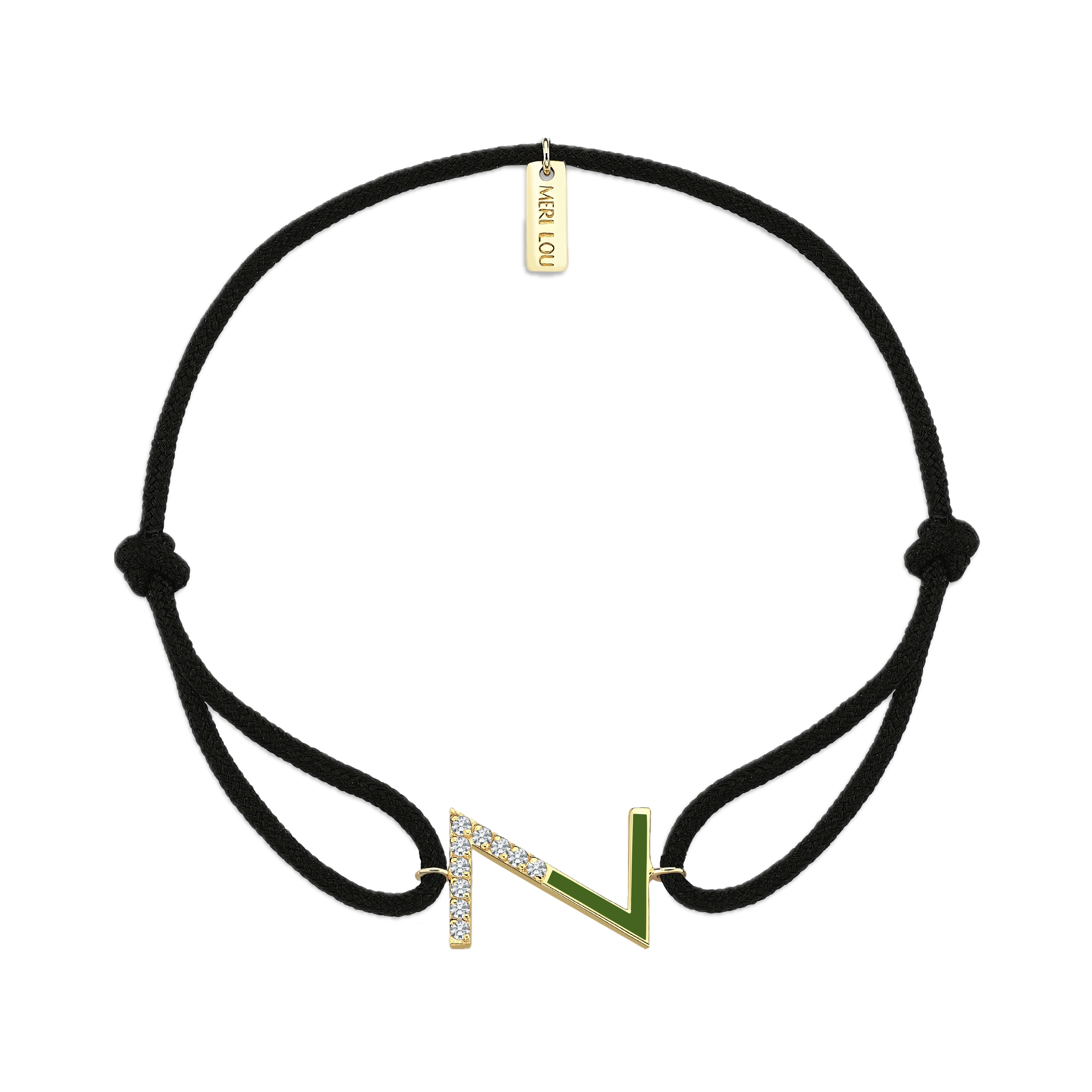 Diamond Initial Cord Bracelet With Green Enamel