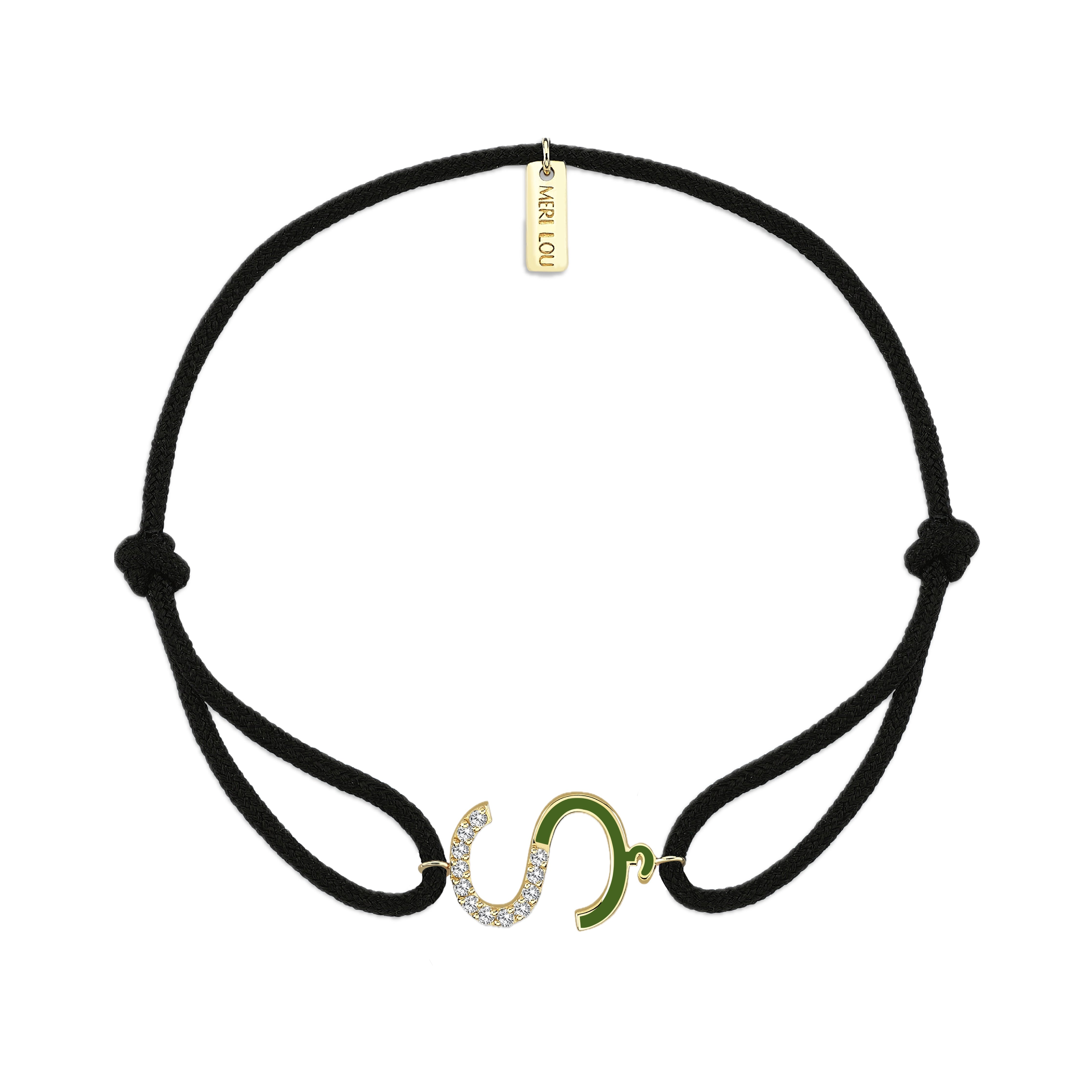 Diamond Initial Cord Bracelet With Green Enamel