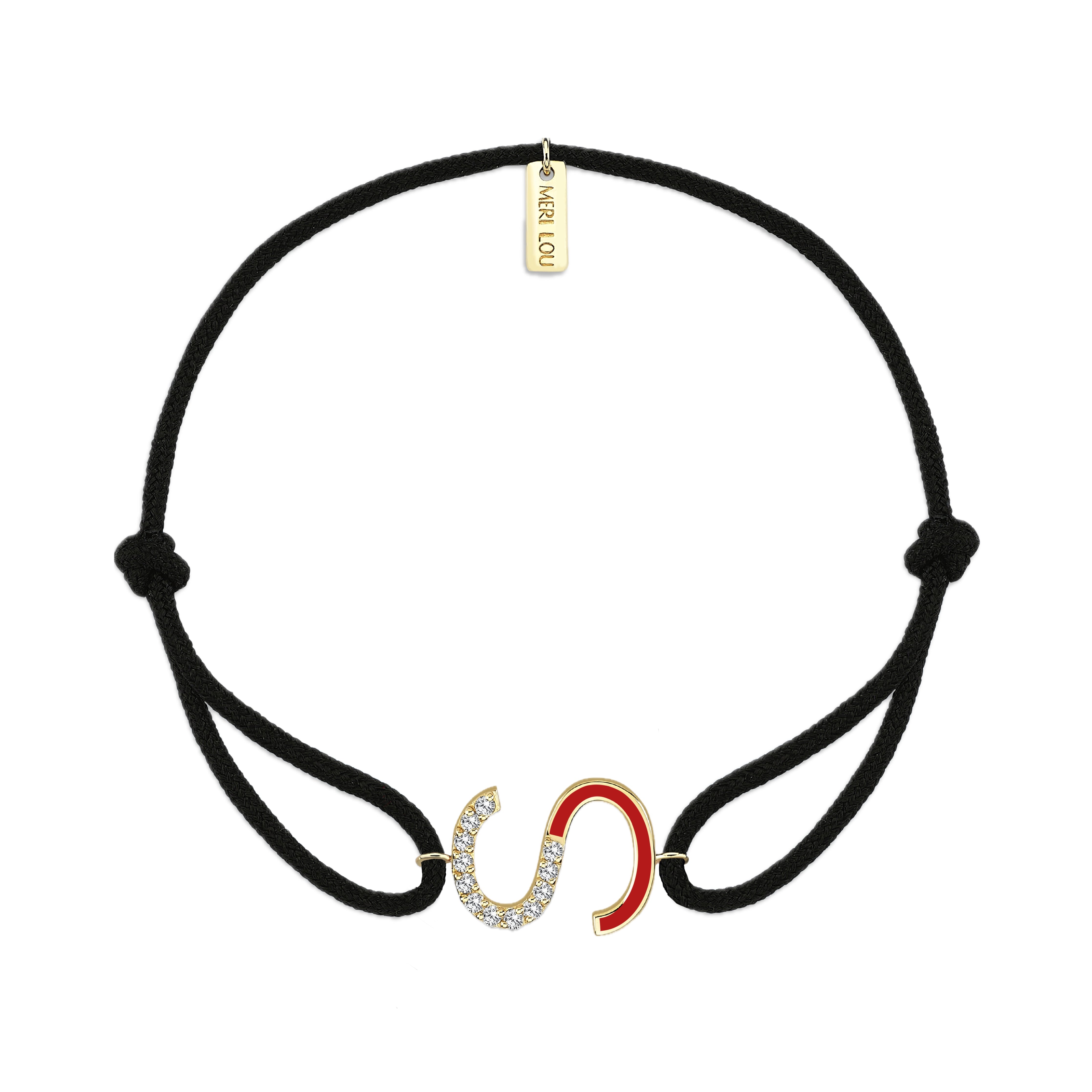Diamond Initial Cord Bracelet With Red Enamel
