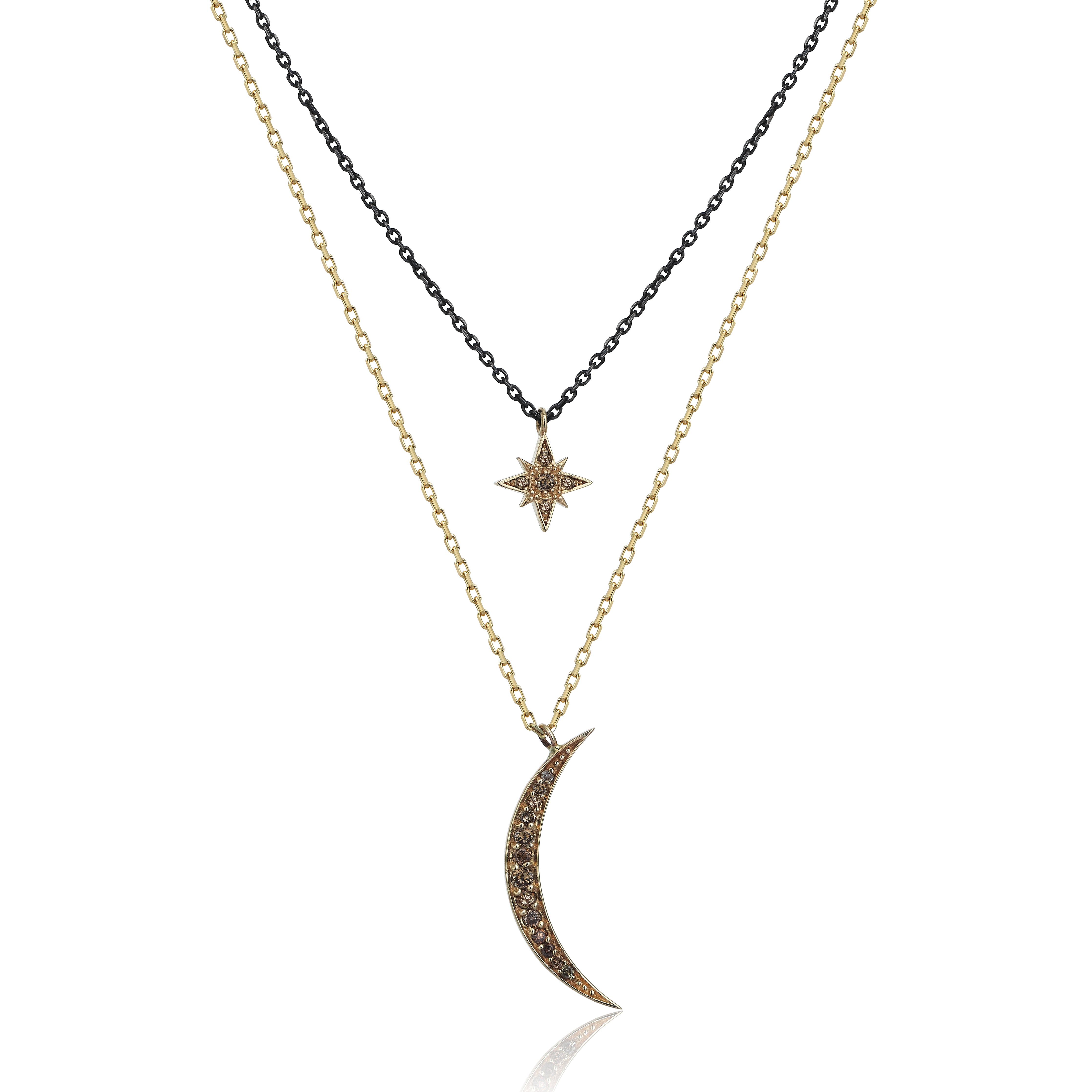 Diamond Moon and Star Double Chain Necklace