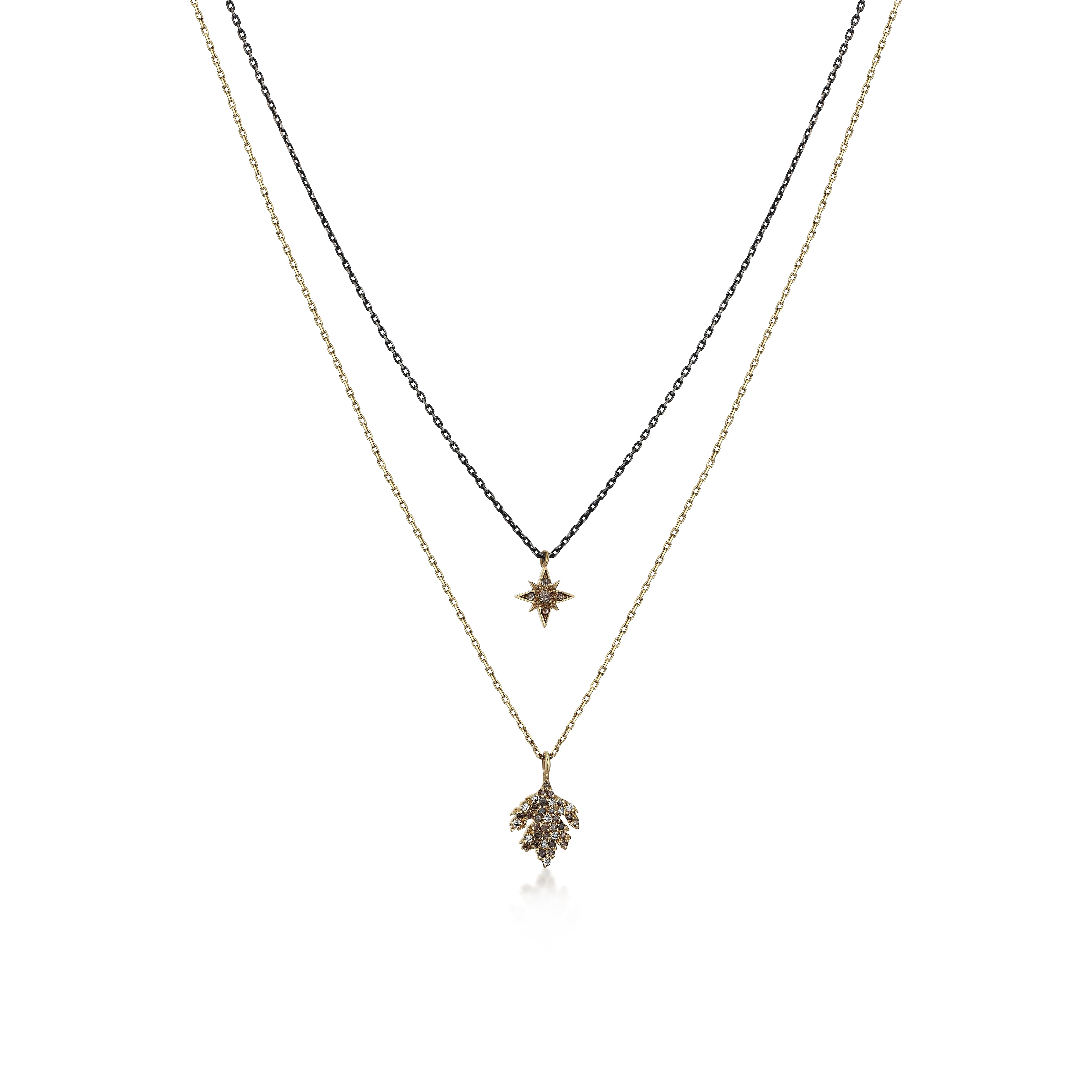 Diamond Leaf and Star Double Chain Necklace