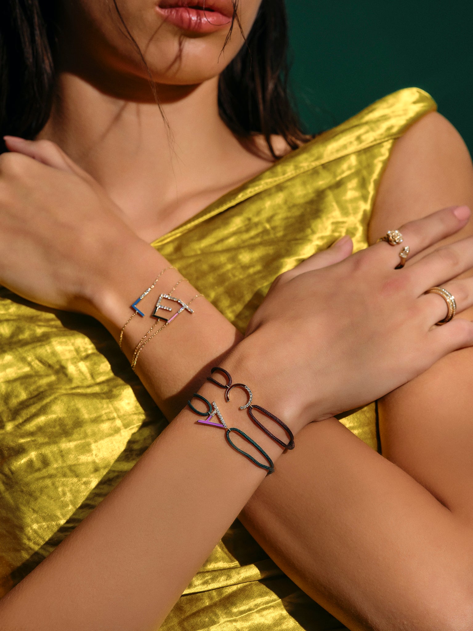 Diamond Initial Cord Bracelet With Mustard Enamel