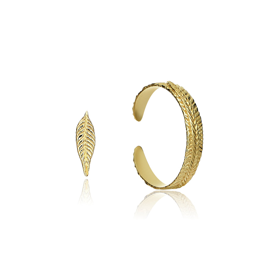 Recycle of Nature Hoop, Leaf Stud and Ear Cuff Earrings (14K Gold)