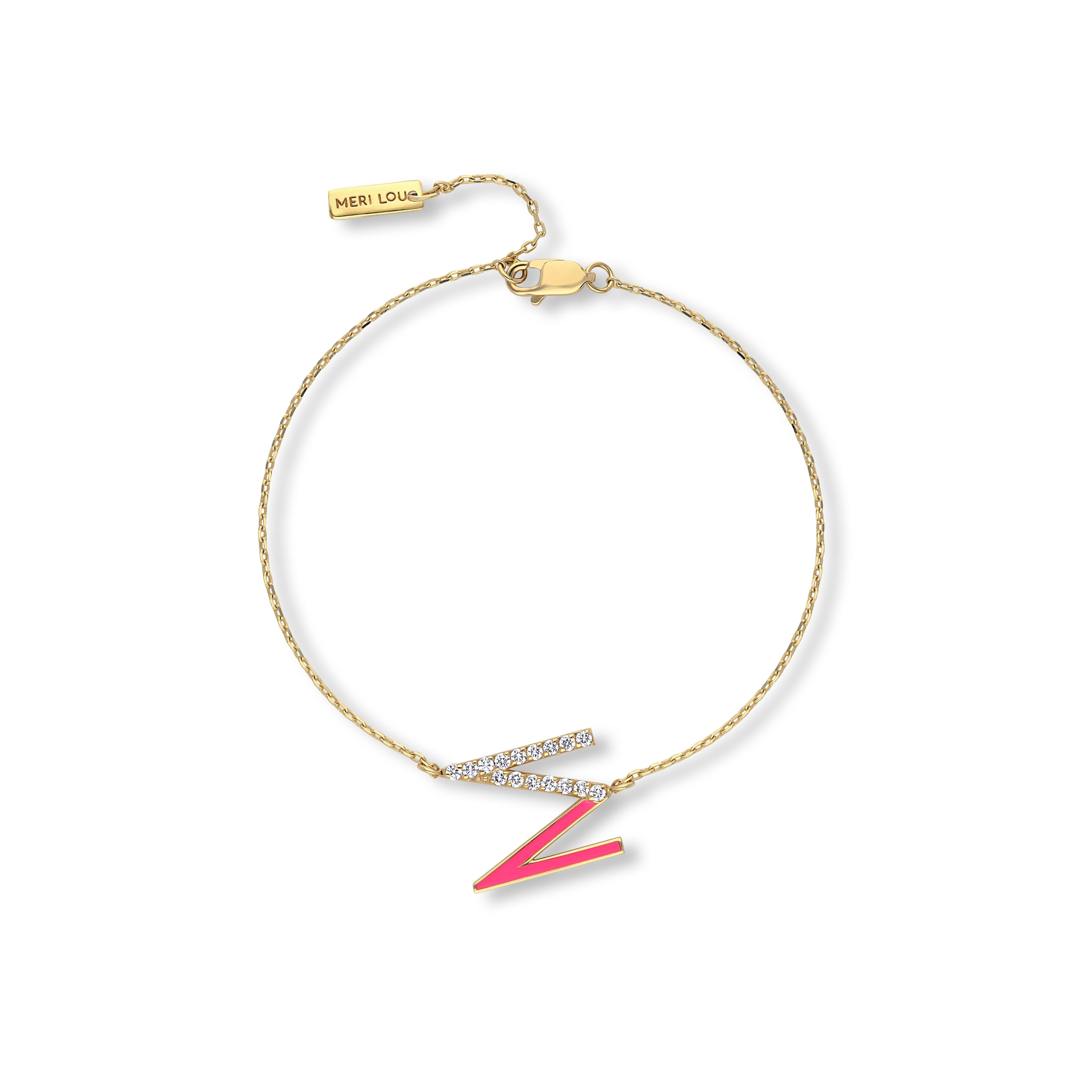 Diamond Initial Chain Bracelet With Neon Pink Enamel