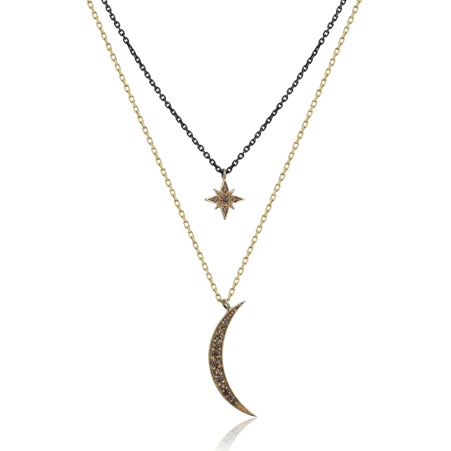 Diamond Moon and Star Double Chain Necklace