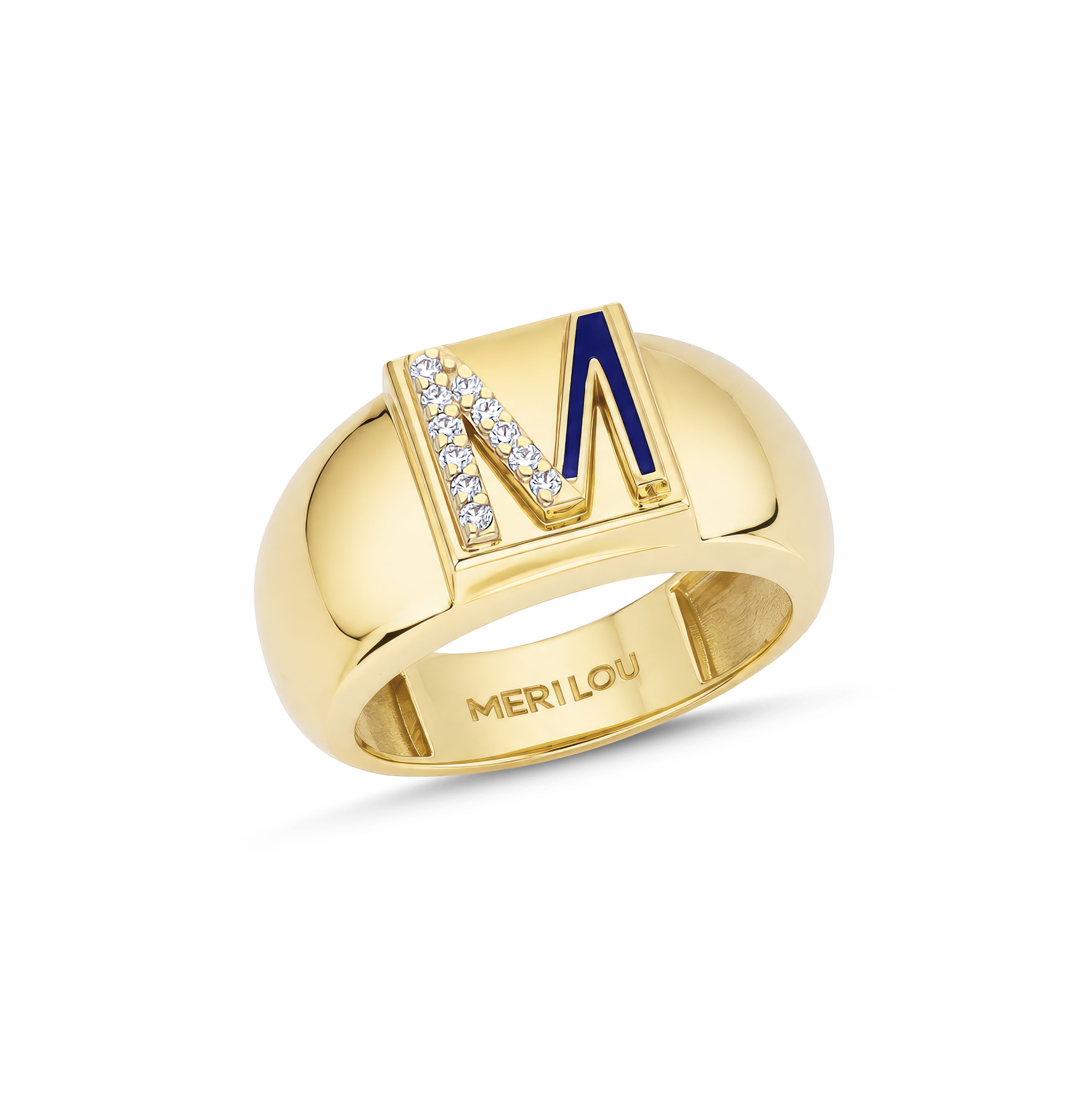 Diamond Gold Initial Ring With Navy Blue Enamel