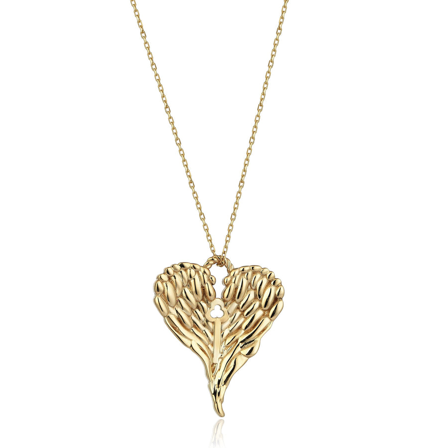 Angel Heart With Key Pendant Necklace (14K Gold)