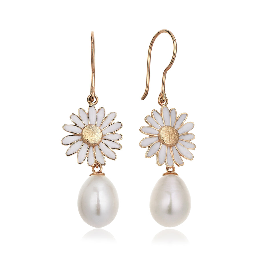 Daisy And Pearl Drop Earrings (14K Gold)