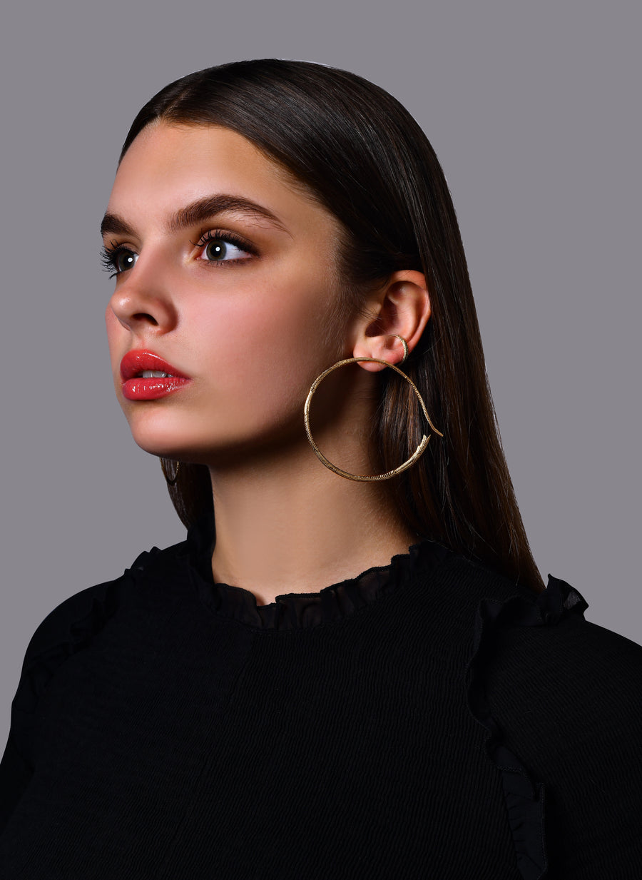 Recycle of Nature Hoop, Leaf Stud and Ear Cuff Earrings (14K Gold)