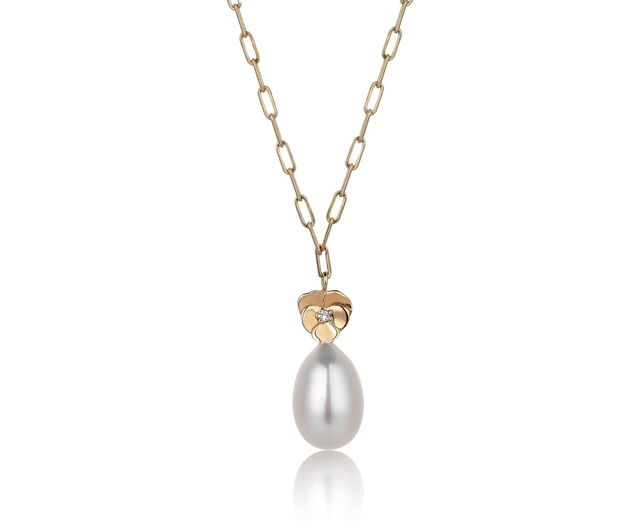 Mini Flower Pearl Drop Necklace (14K Gold)