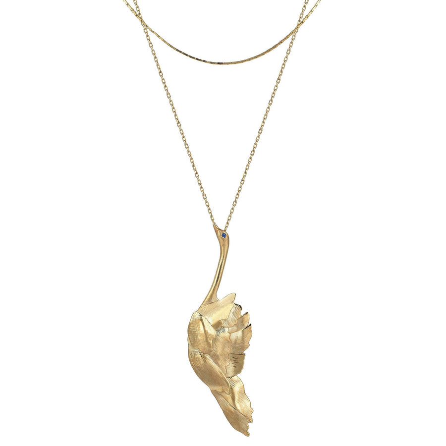 Swan with Sapphire Eye Double Chain Pendant Necklace (14K Gold)