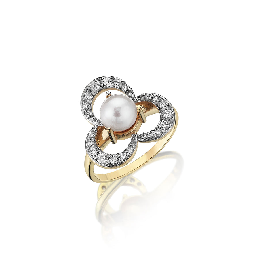 Floral Pearl Ring with Diamonds (14K Gold)