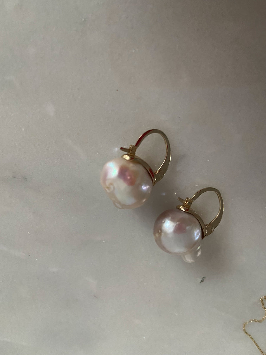 Solid Gold Baroque Pearl Drop Earrings (14K Gold)